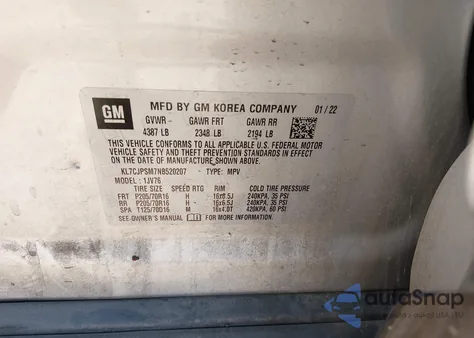 2022 Chevrolet Trax Awd Lt z USA, uszkodzony, nr VIN KL7CJPSM7NB520207